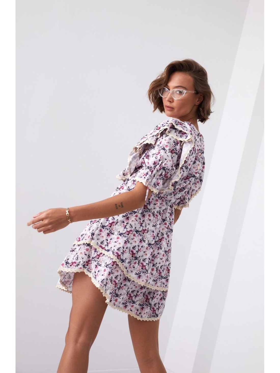 Floral dress with ruffles, gray and plum 5780 - Online store - Boutique